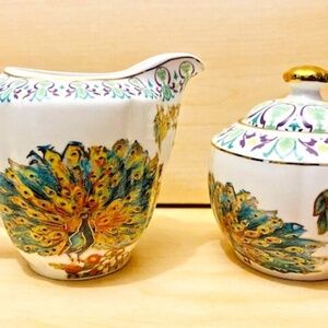 Grace's Teaware Peacock Sugar Bowl & Creamer Set 3pc Turquoise Gold Trim